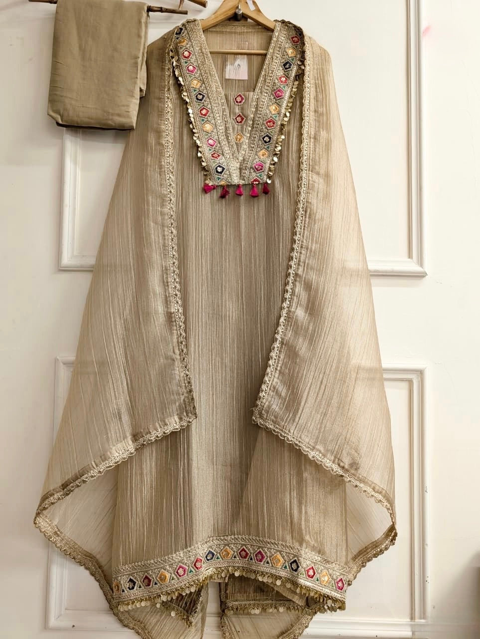 Radiant Olive Elegance: Embroidered Chanderi Kurta Set with Dupatta