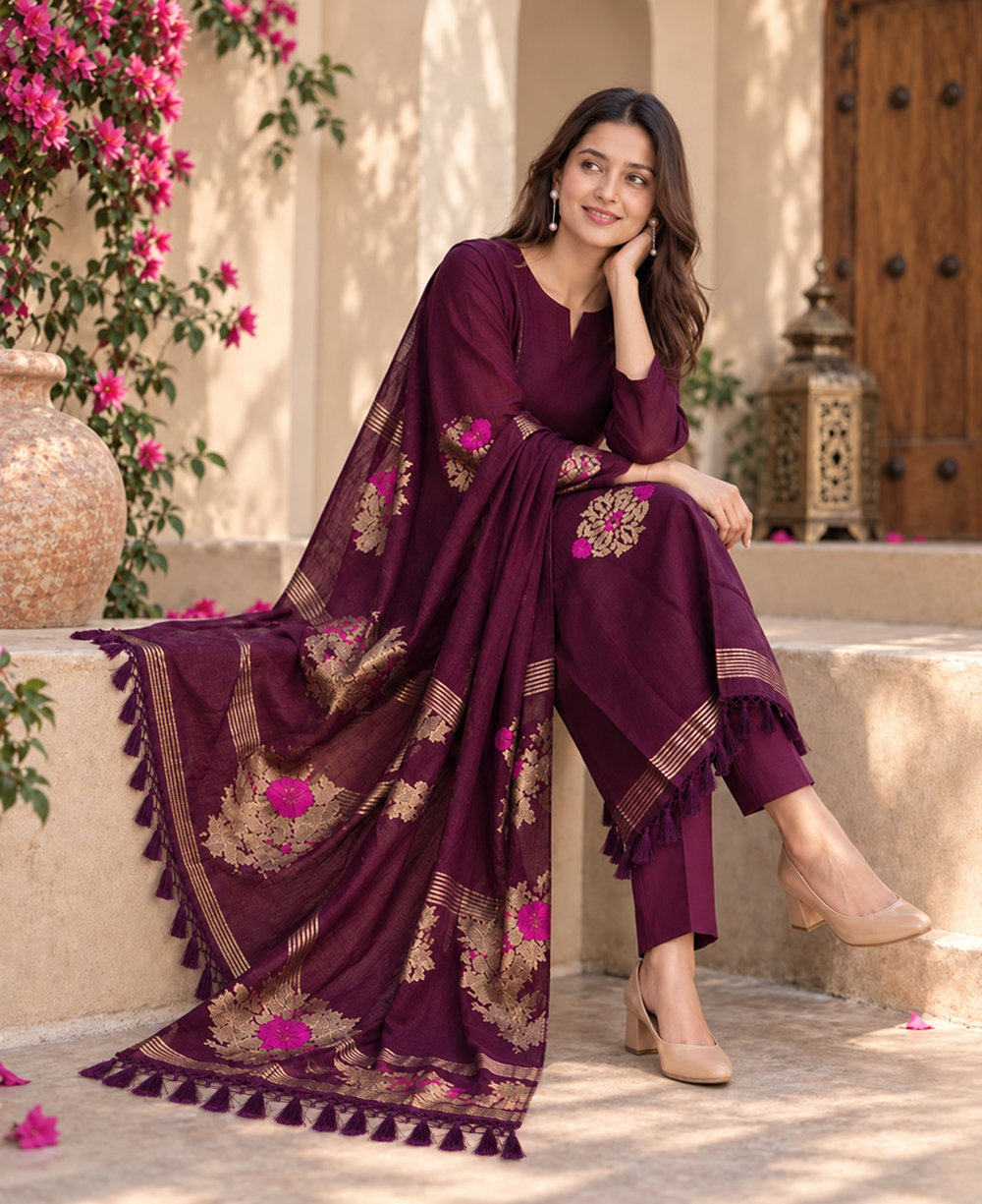 Wine Maroon Embroidered Kurta Pant Set with Printed Dupatta for Women
