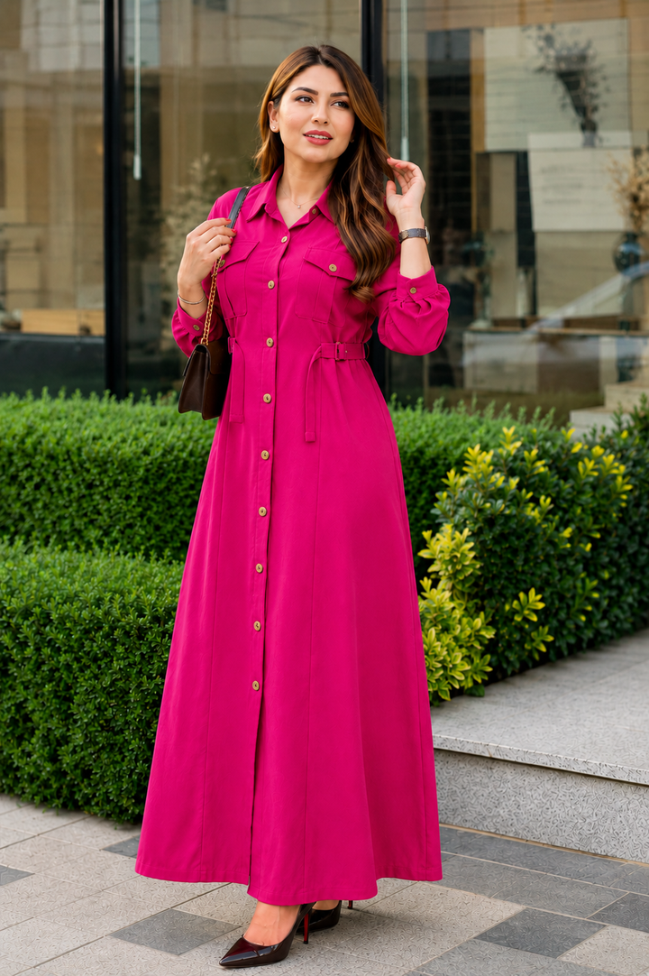 Elegant Western Maxi Dress for Women | Premium Button-Down Long Shirt Dress with Fabric Belt