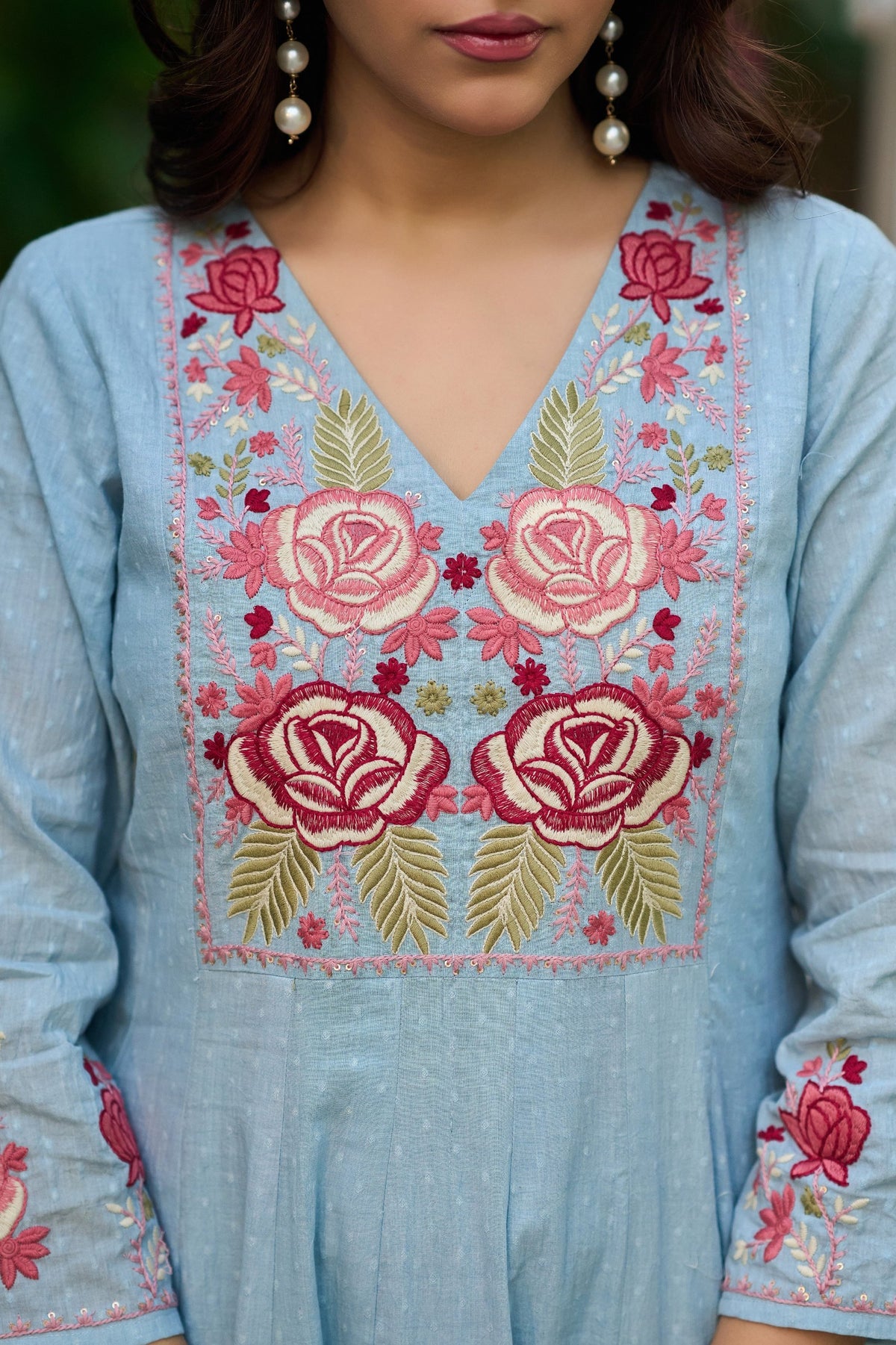 Sky Blue Cotton Crush Embroidered Anarkali Suit Set with Dupatta