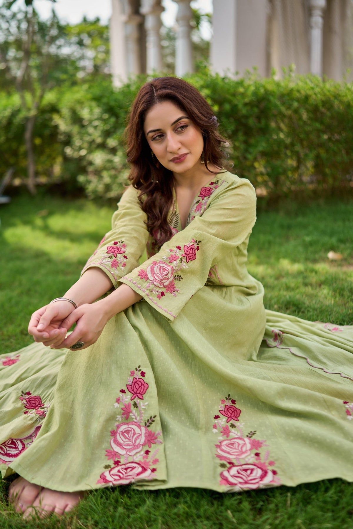 Elegant Sage Green Embroidered Anarkali Kurta Set with Dupatta (3-Piece Set)
