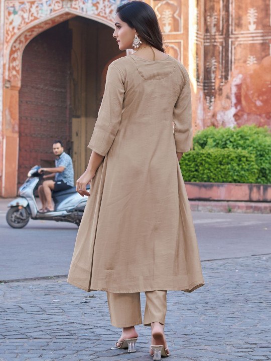 Women's Elegant Beige Chanderi Cotton Flared Kurta with Trousers & Designer Scalloped Dupatta Set