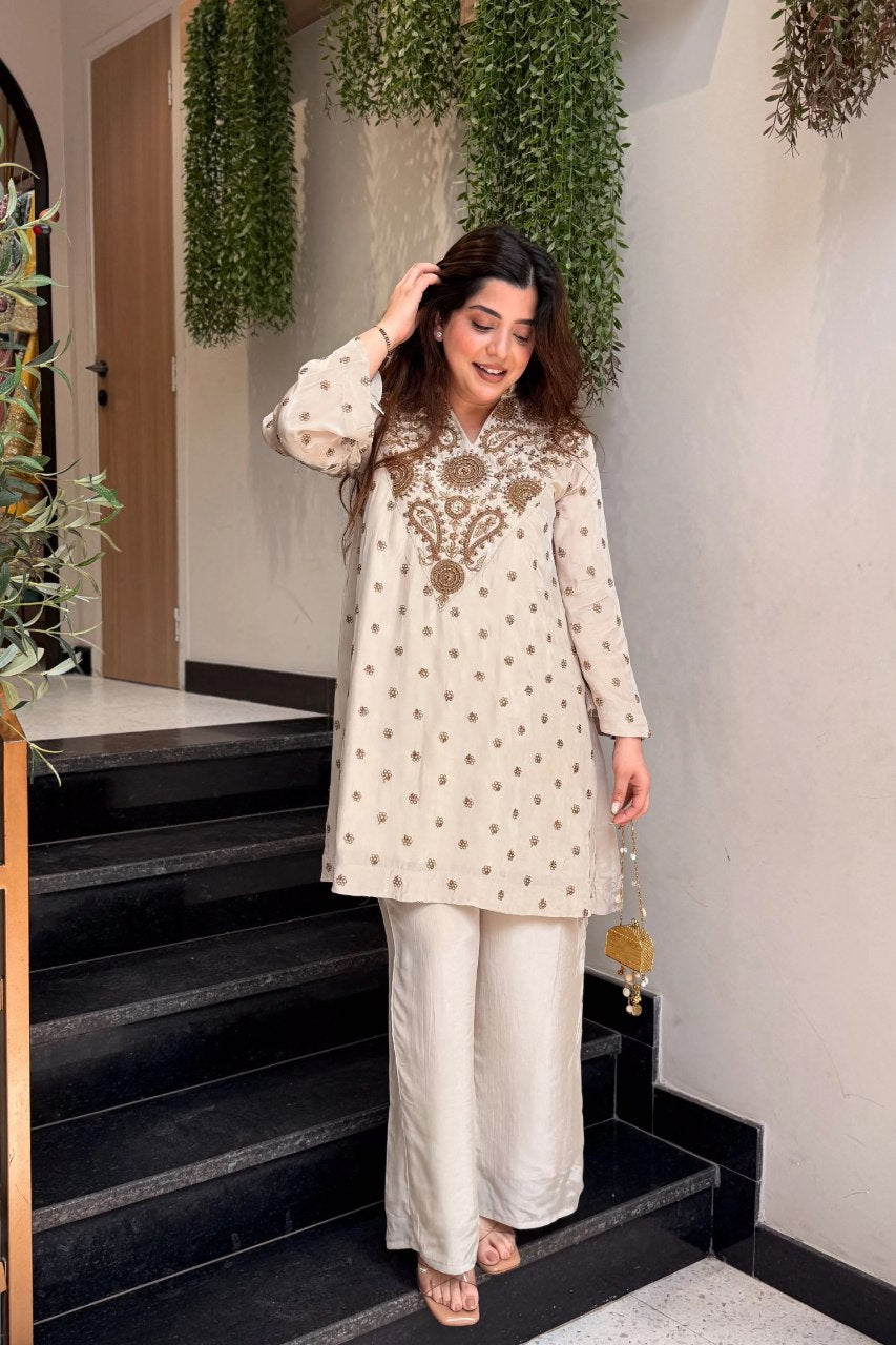 Intricate Gold Embroidered Short Kurta & Palazzo Ensemble