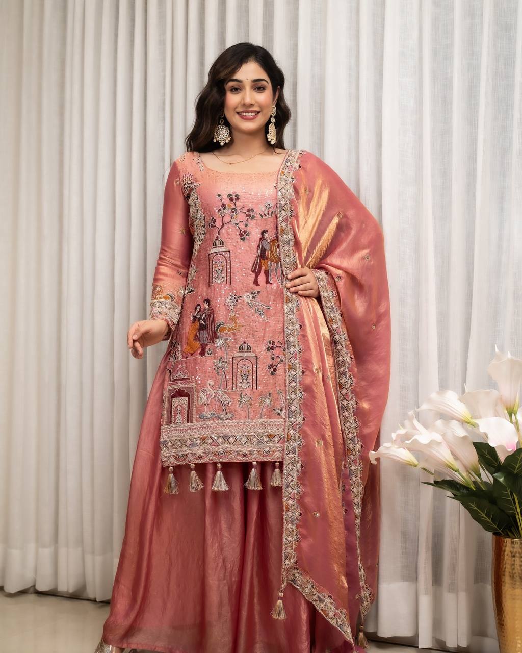 Elegant Peach-Pink & Embroidered Kurta Set with Silk Pants