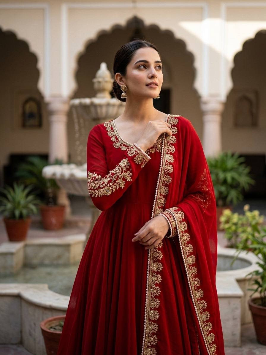 Regal Crimson Red Floor-Length Anarkali Suit Set with Intricate Gold Embroidery