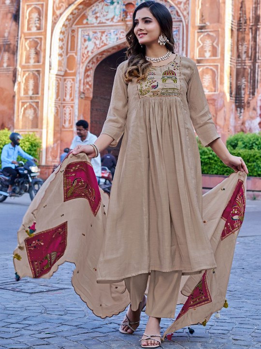 Women's Elegant Beige Chanderi Cotton Flared Kurta with Trousers & Designer Scalloped Dupatta Set