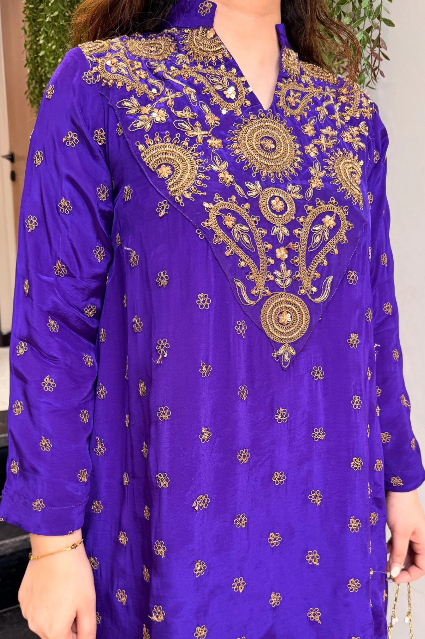 Elegant Royal Purple Embroidered Kurta Set with Wide-Leg Pants