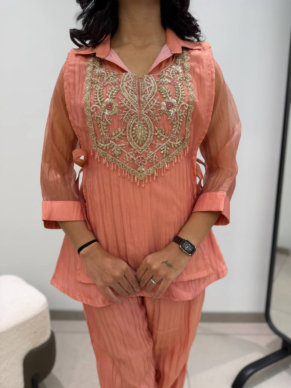 Peach Luxe Festive Co-Ord Set with Intricate Yoke Embroidery