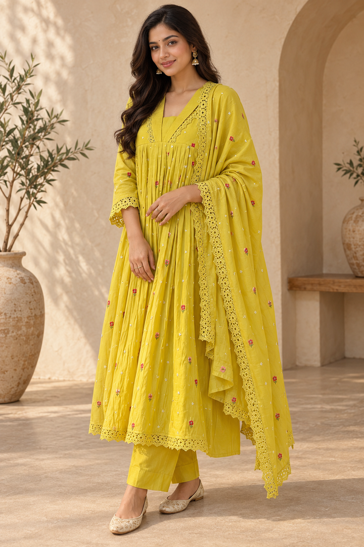 Women's Embroidered Anarkali Suit Set with Lace Dupatta