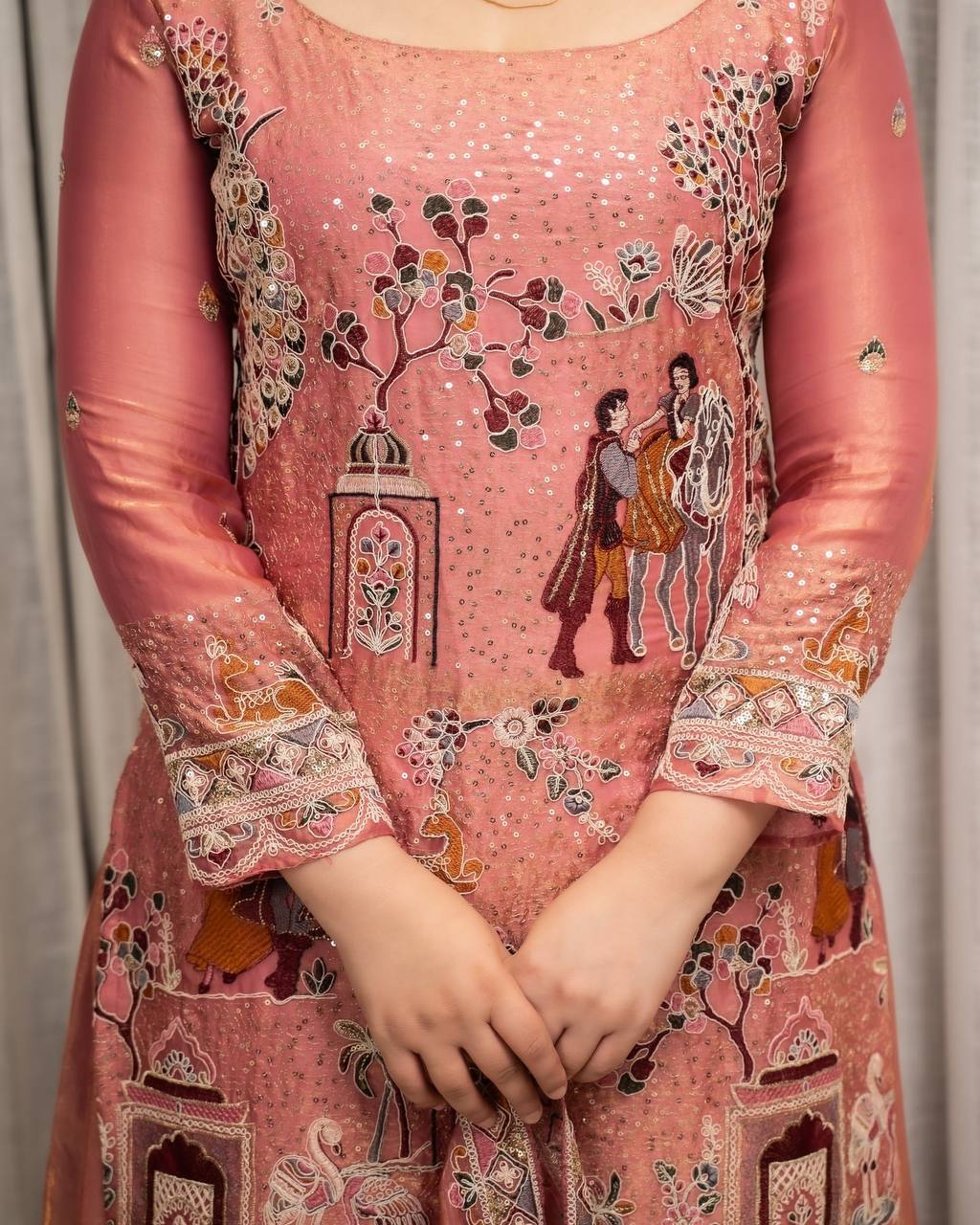 Elegant Peach-Pink & Embroidered Kurta Set with Silk Pants
