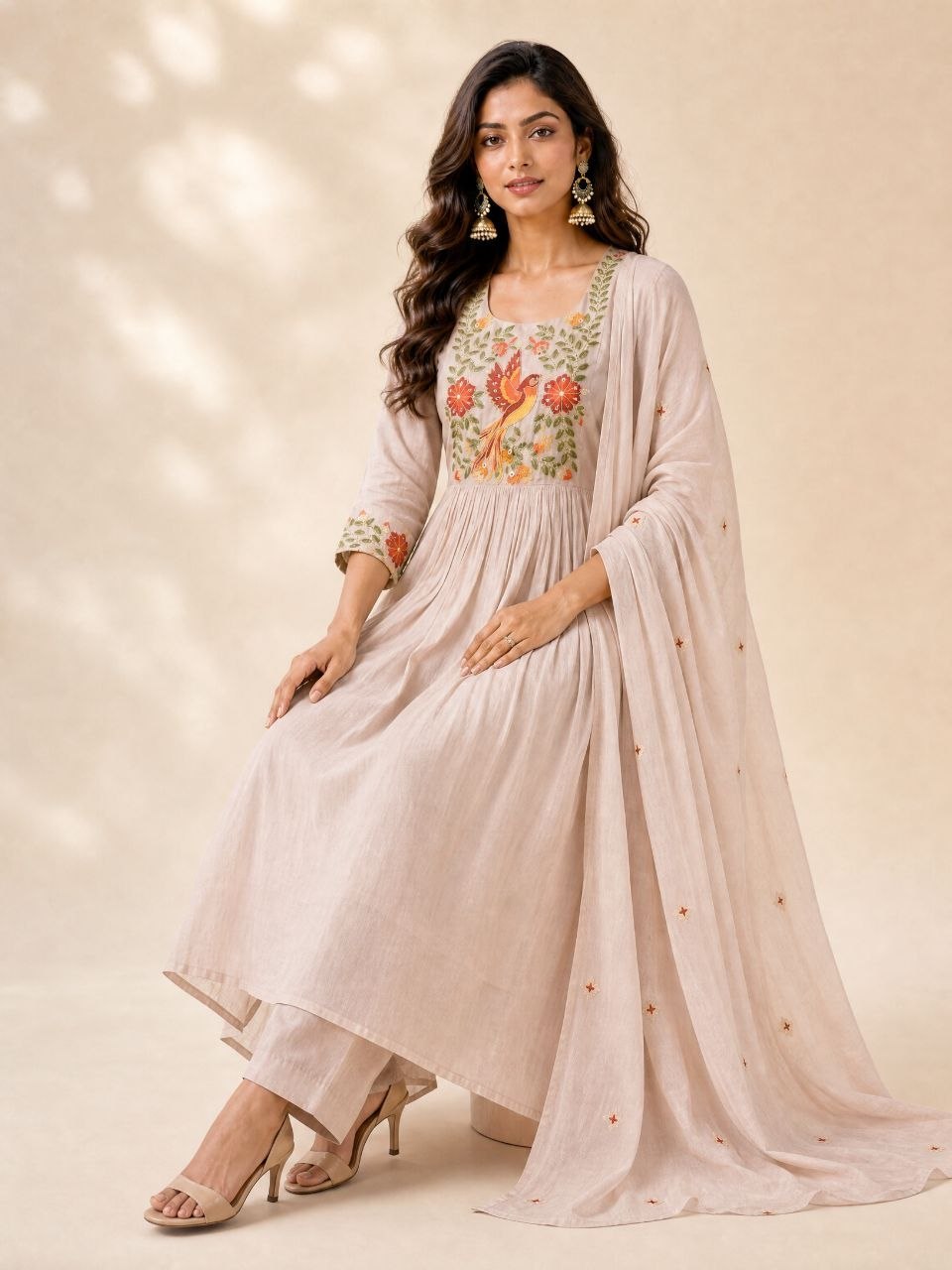 Elegant Beige Embroidered Anarkali Kurta Set with Dupatta & Pants
