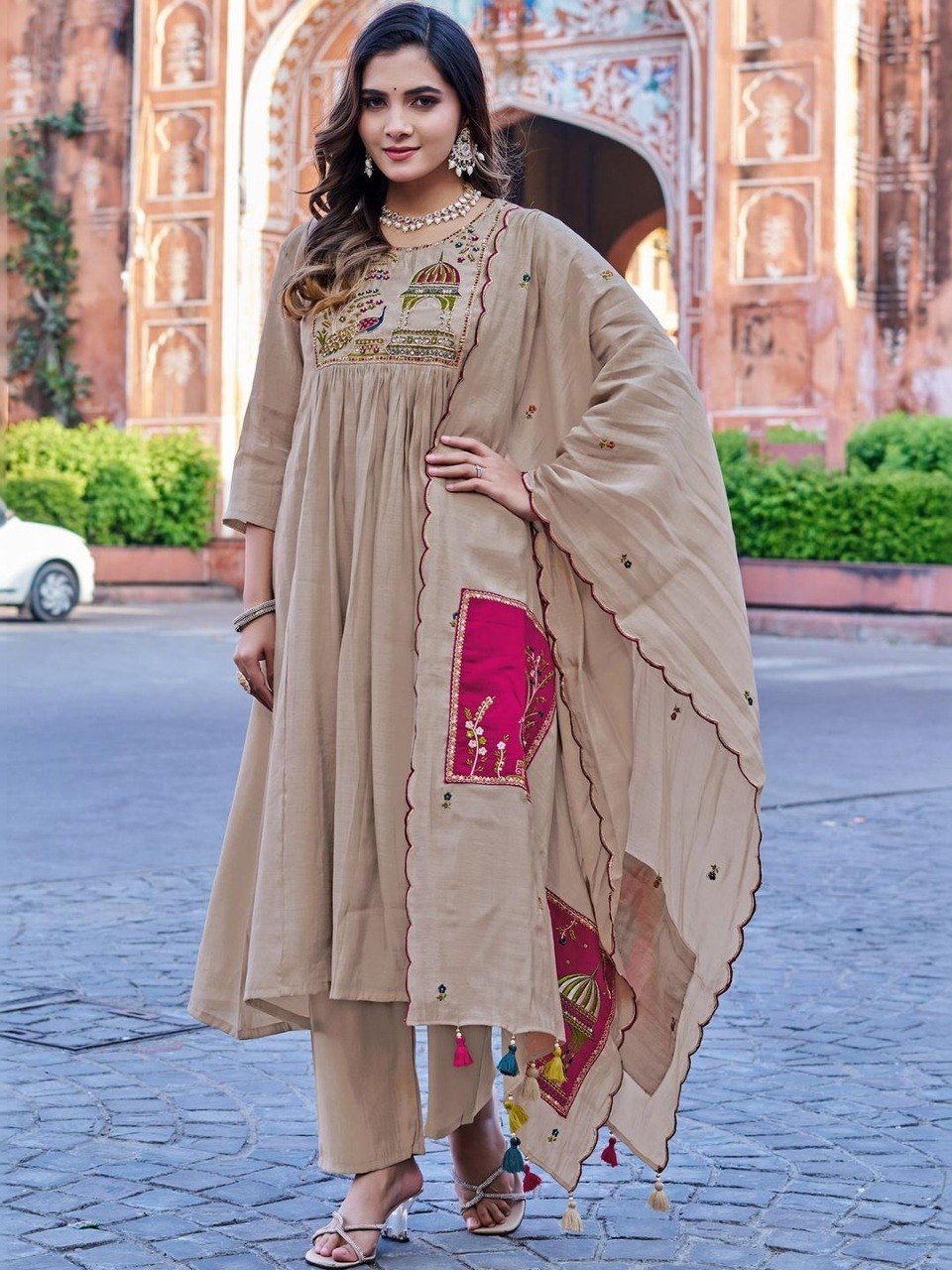 Women's Elegant Beige Chanderi Cotton Flared Kurta with Trousers & Designer Scalloped Dupatta Set