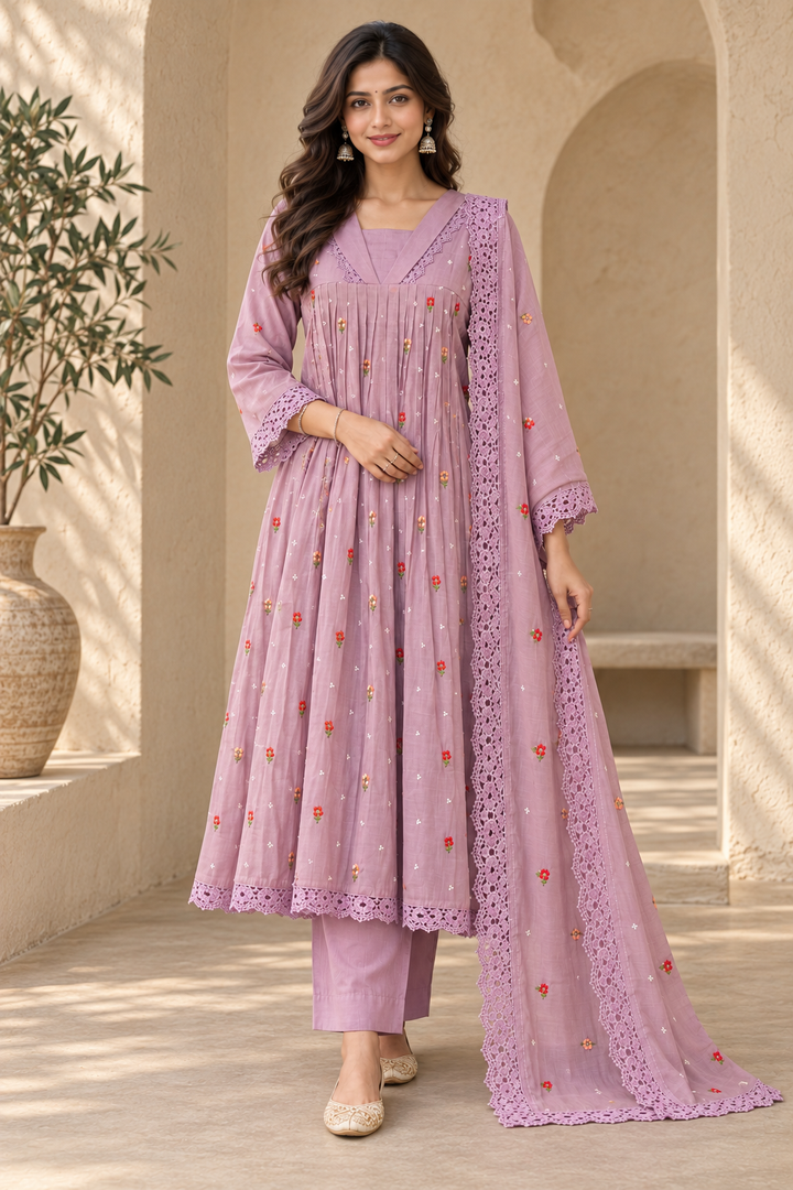 Mauve Pleated Anarkali Kurta with Trousers & Lace Dupatta