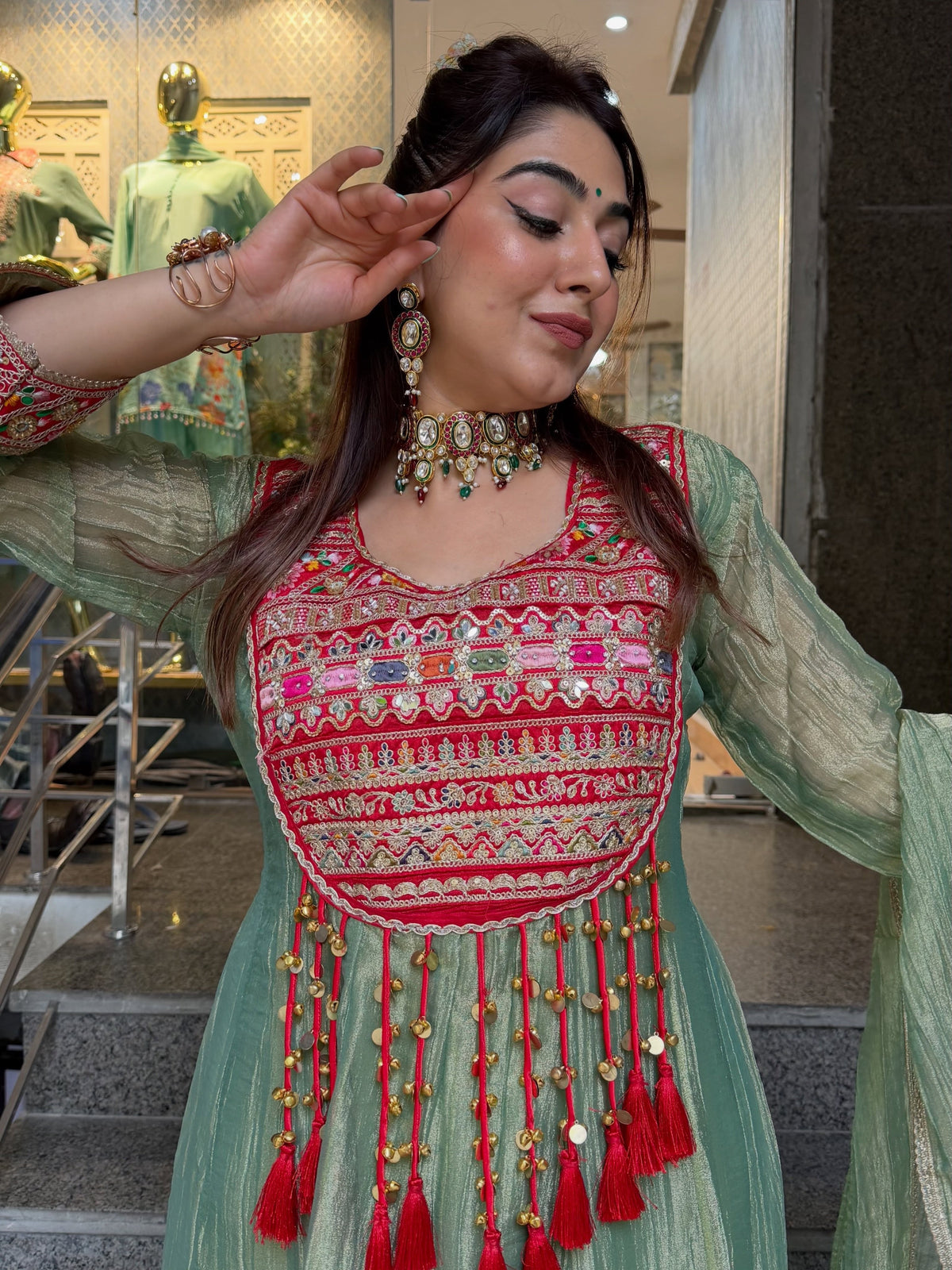 Royal Pista Green Anarkali Kurta Set with Matching Dupatta