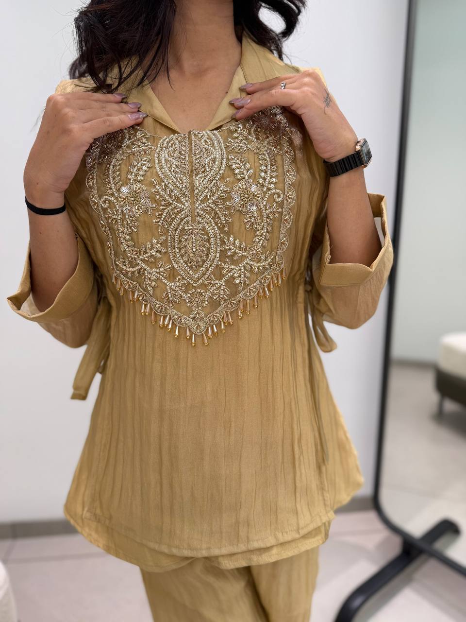 Elegant Golden Crushed Tissue Co-Ord Set with Heavy Embroidered Neckline