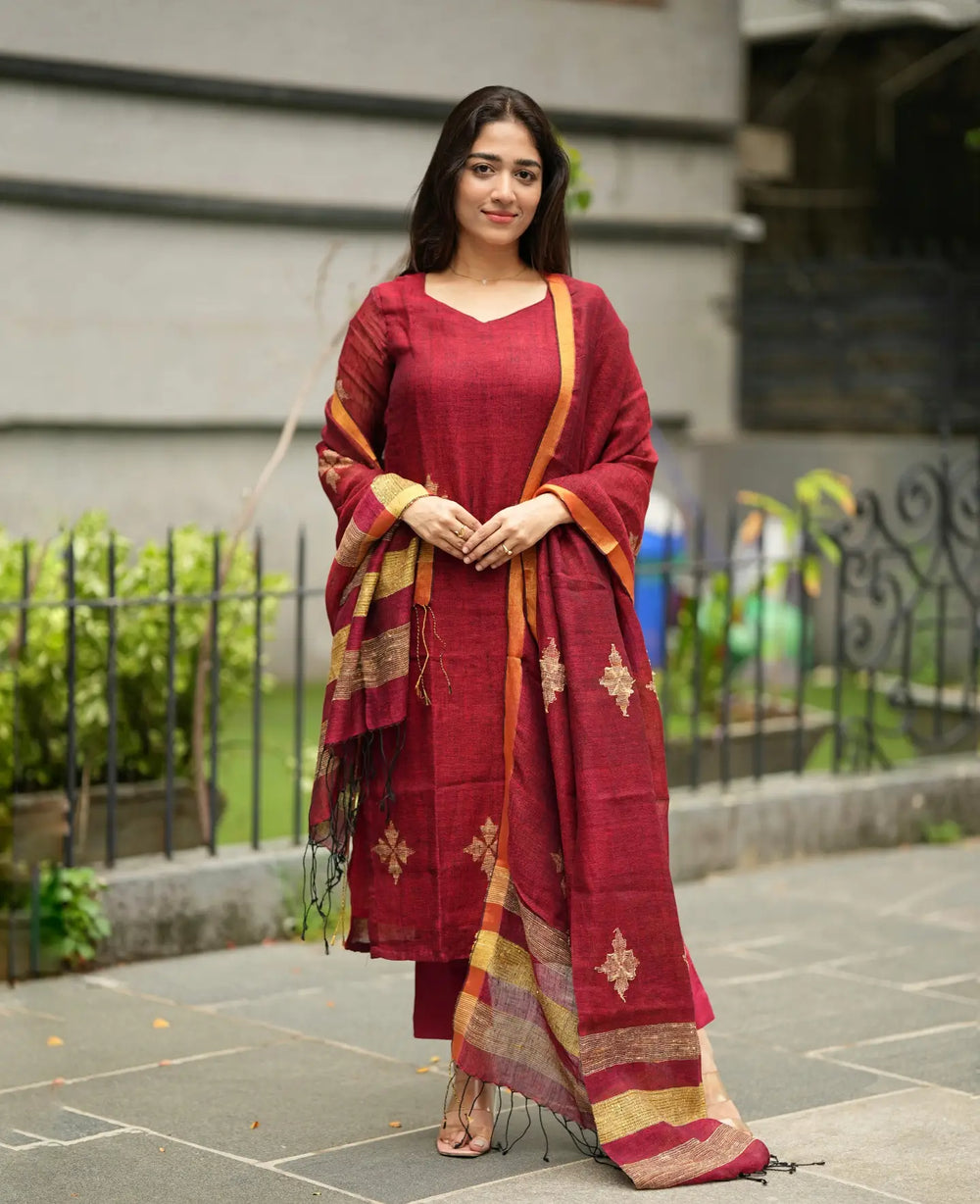Women’s Maroon Embroidered Kurta Pant Set with Dupatta