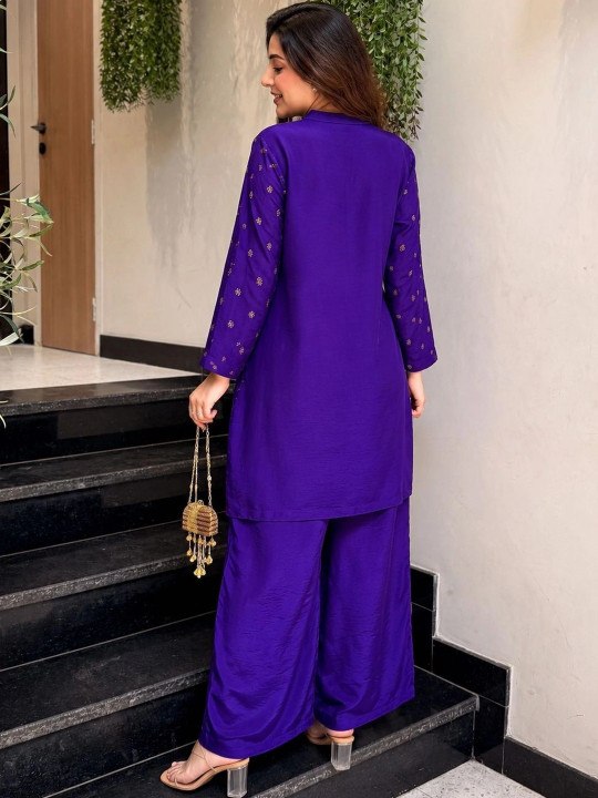 Elegant Royal Purple Embroidered Kurta Set with Wide-Leg Pants