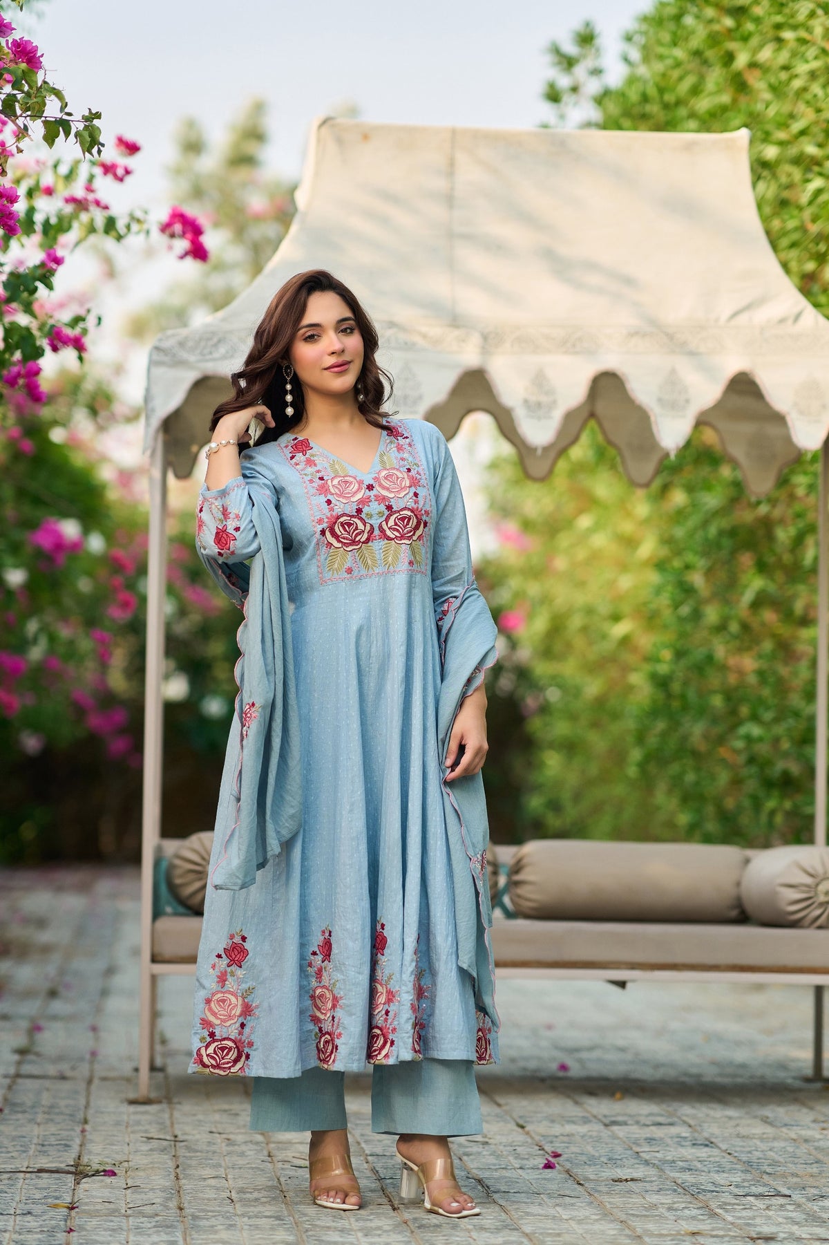 Sky Blue Cotton Crush Embroidered Anarkali Suit Set with Dupatta