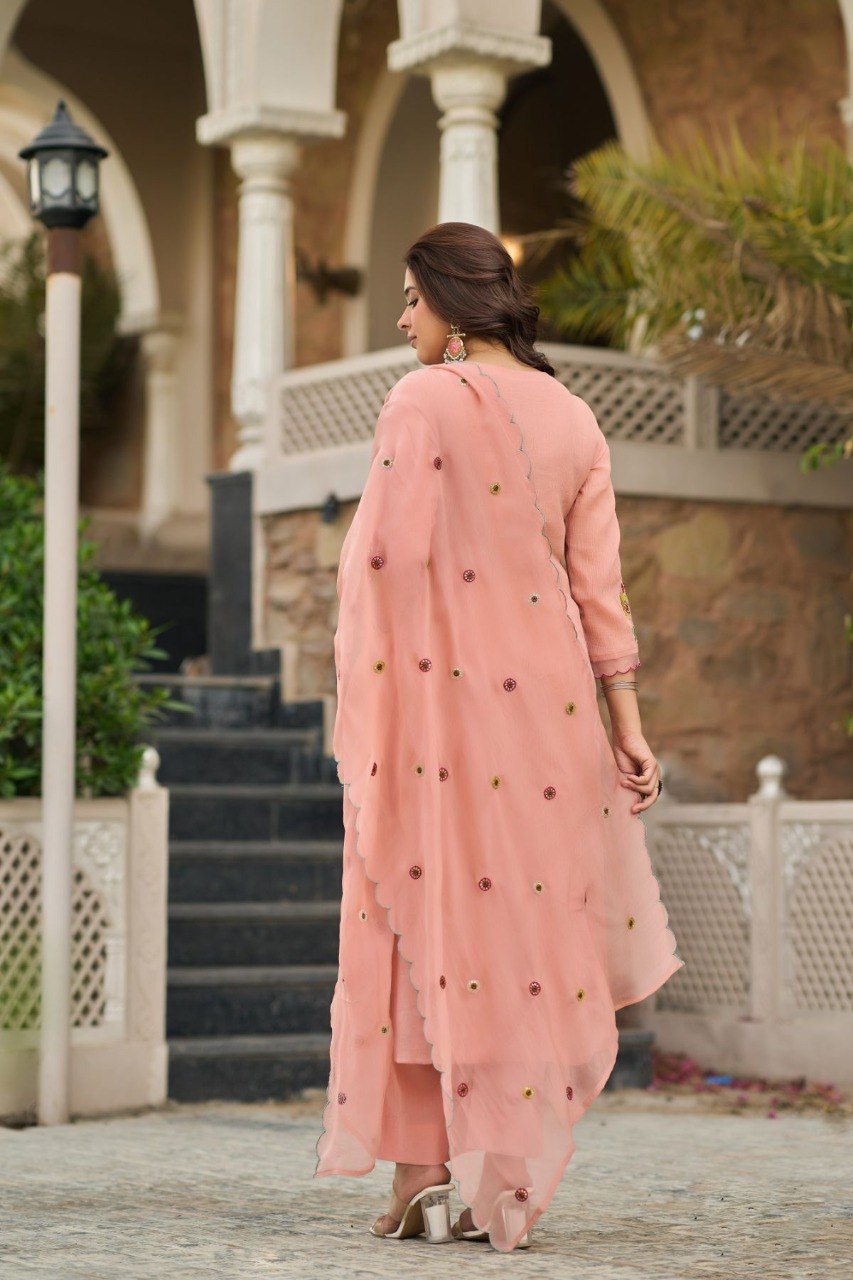 Elegant Peach Blush Floral Embroidered Kurta Set with Dupatta