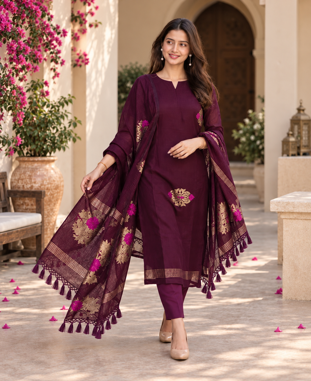 Wine Maroon Embroidered Kurta Pant Set with Printed Dupatta for Women