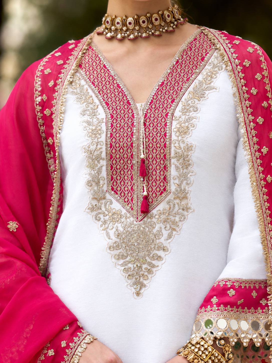 Elegant White Chinon Kurta Pant Set with Rani Pink Embroidered Dupatta – 3-Piece Festive Co-ord Set