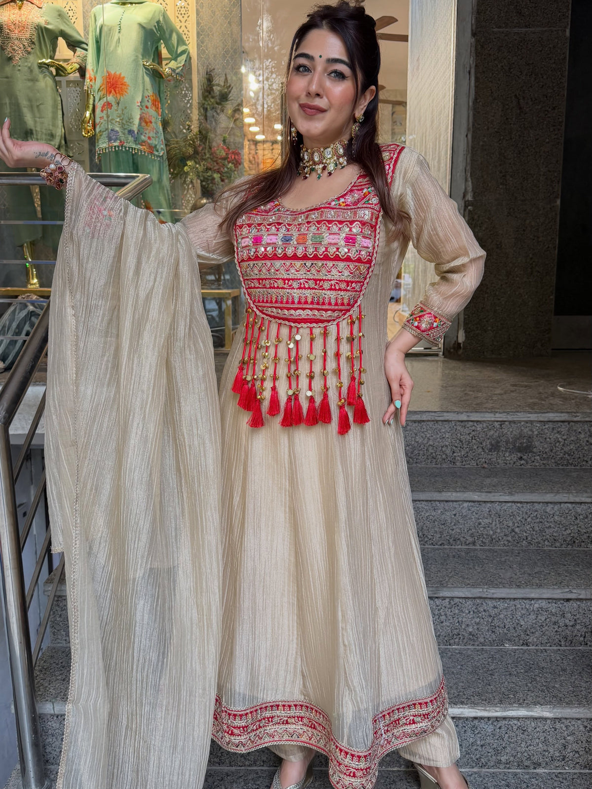 Royal Creamy Anarkali Kurta Set with Matching Dupatta