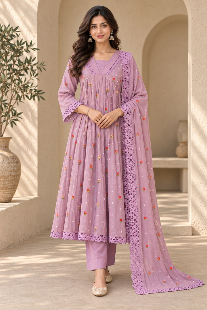 Mauve Pleated Anarkali Kurta with Trousers & Lace Dupatta