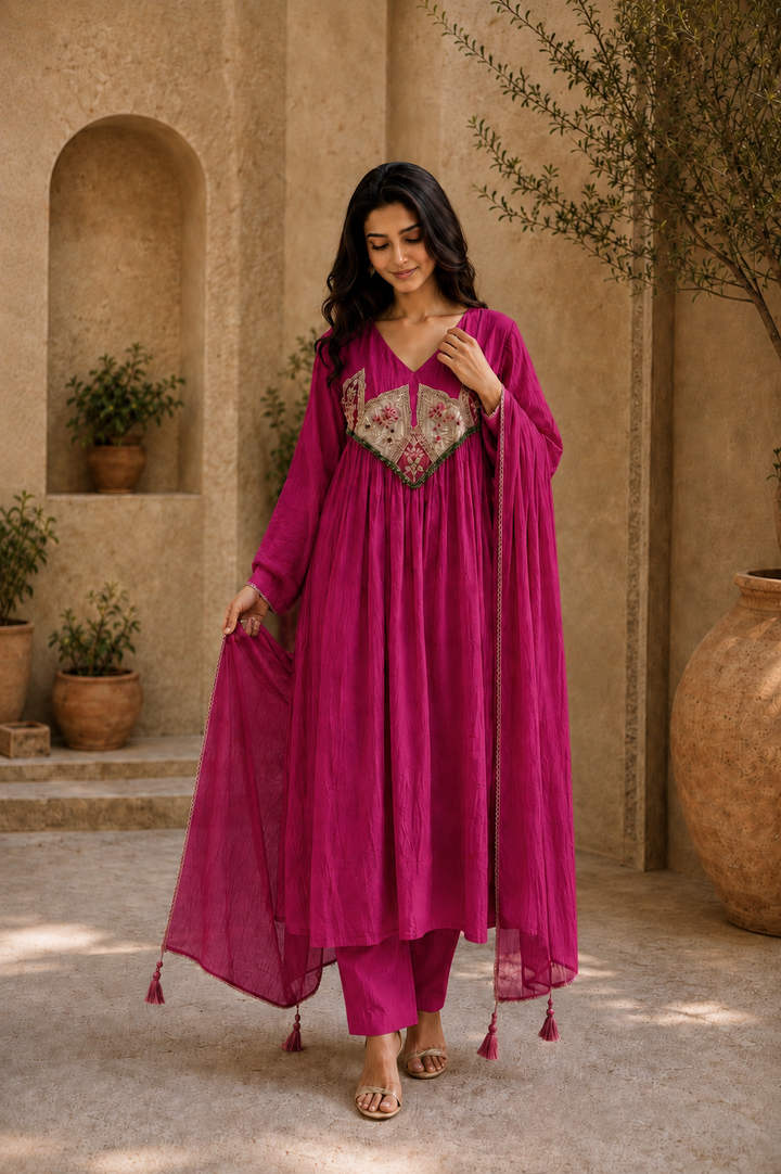 Embroidered Anarkali Suit Set with Dupatta
