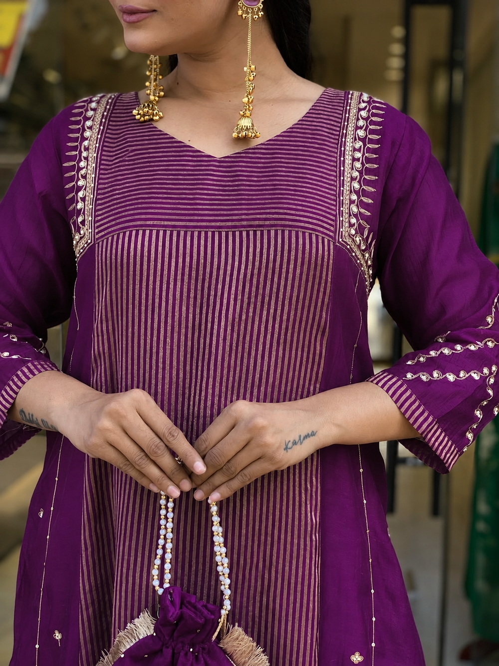 Women's Premium Deep Purple Embroidered Straight Kurta Set with Dupatta