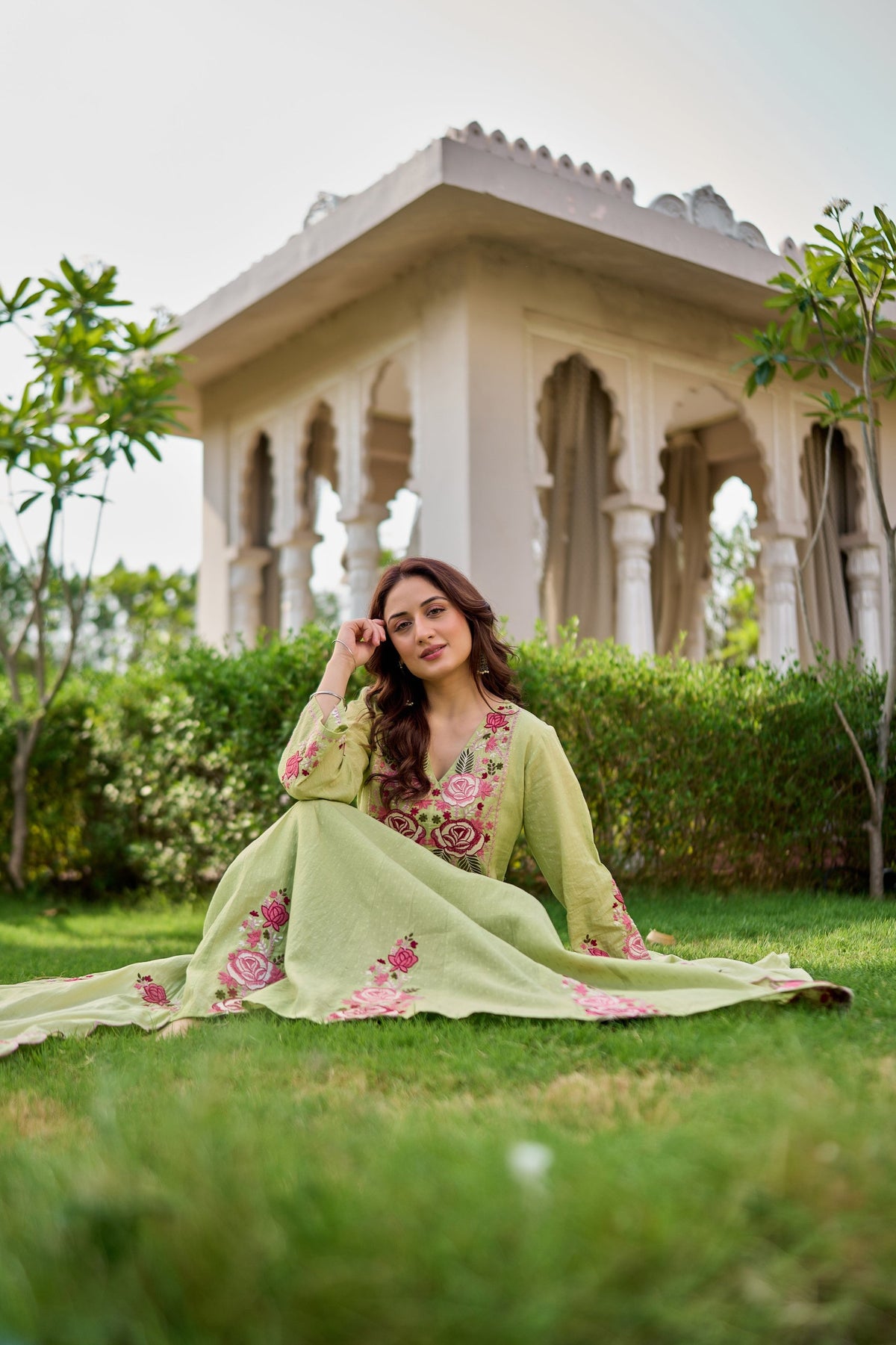 Elegant Sage Green Embroidered Anarkali Kurta Set with Dupatta (3-Piece Set)