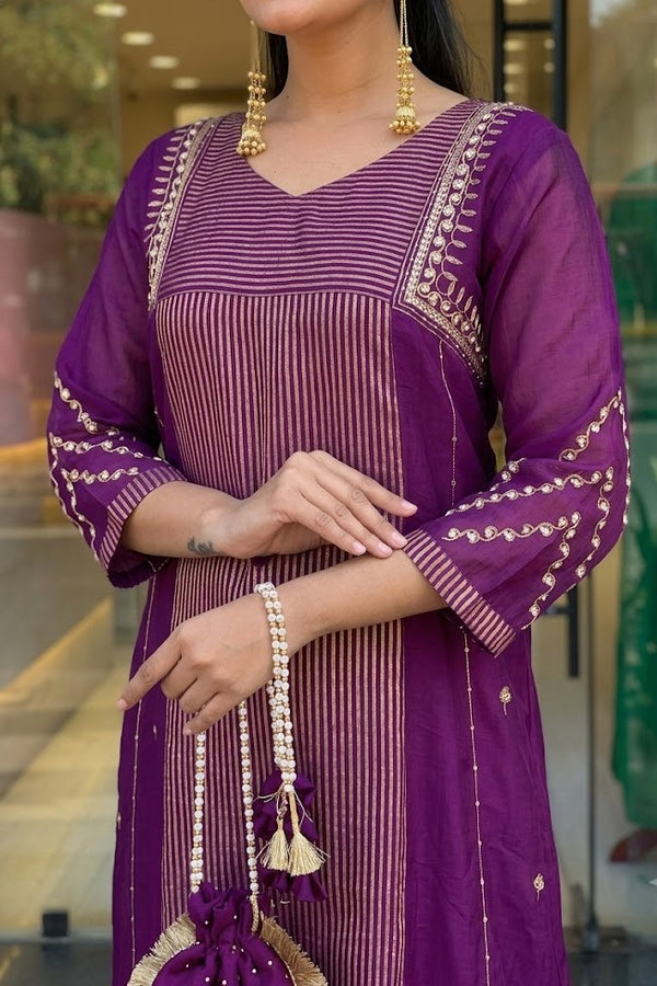 Women's Premium Deep Purple Embroidered Straight Kurta Set with Dupatta