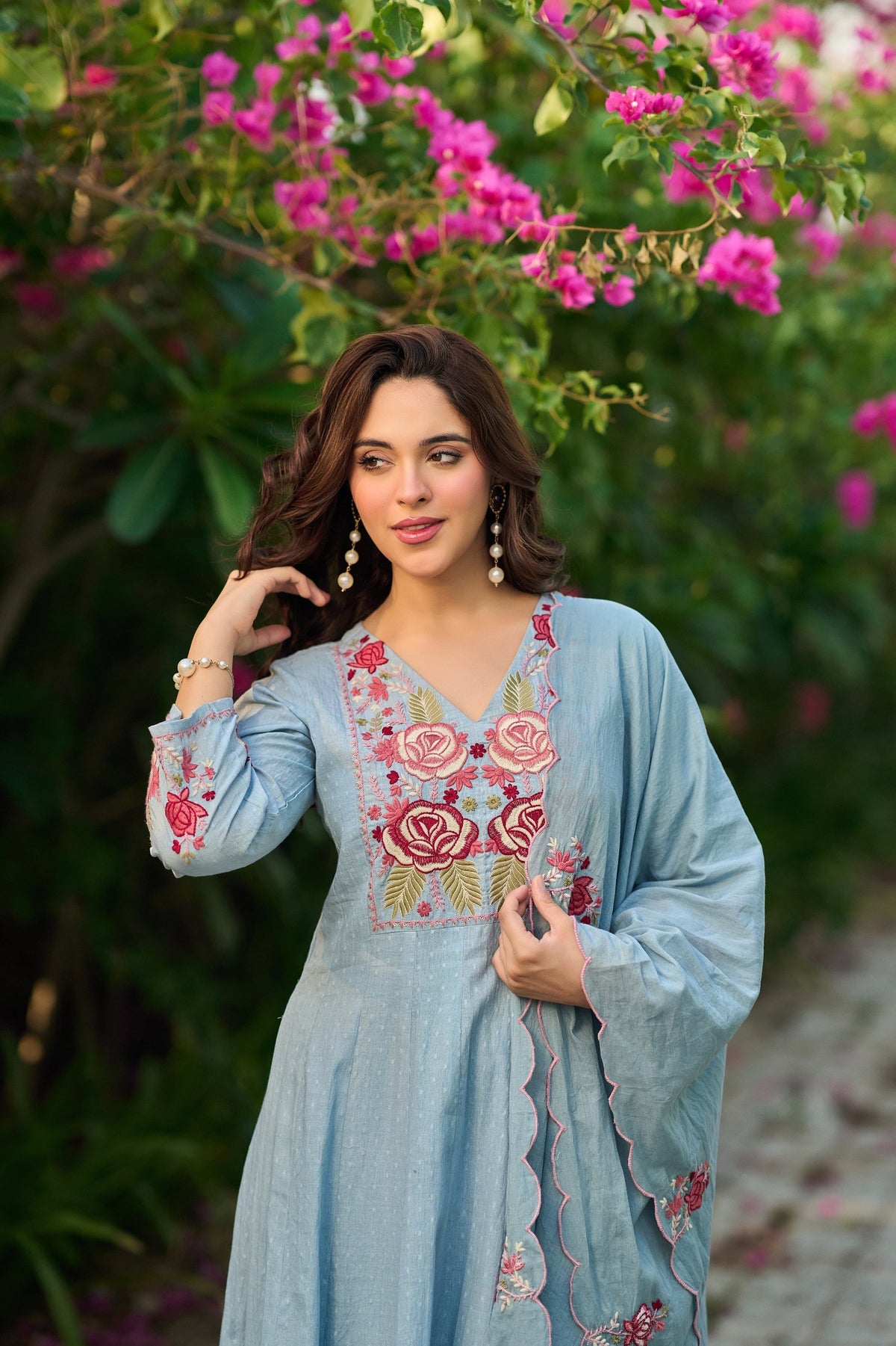 Sky Blue Cotton Crush Embroidered Anarkali Suit Set with Dupatta