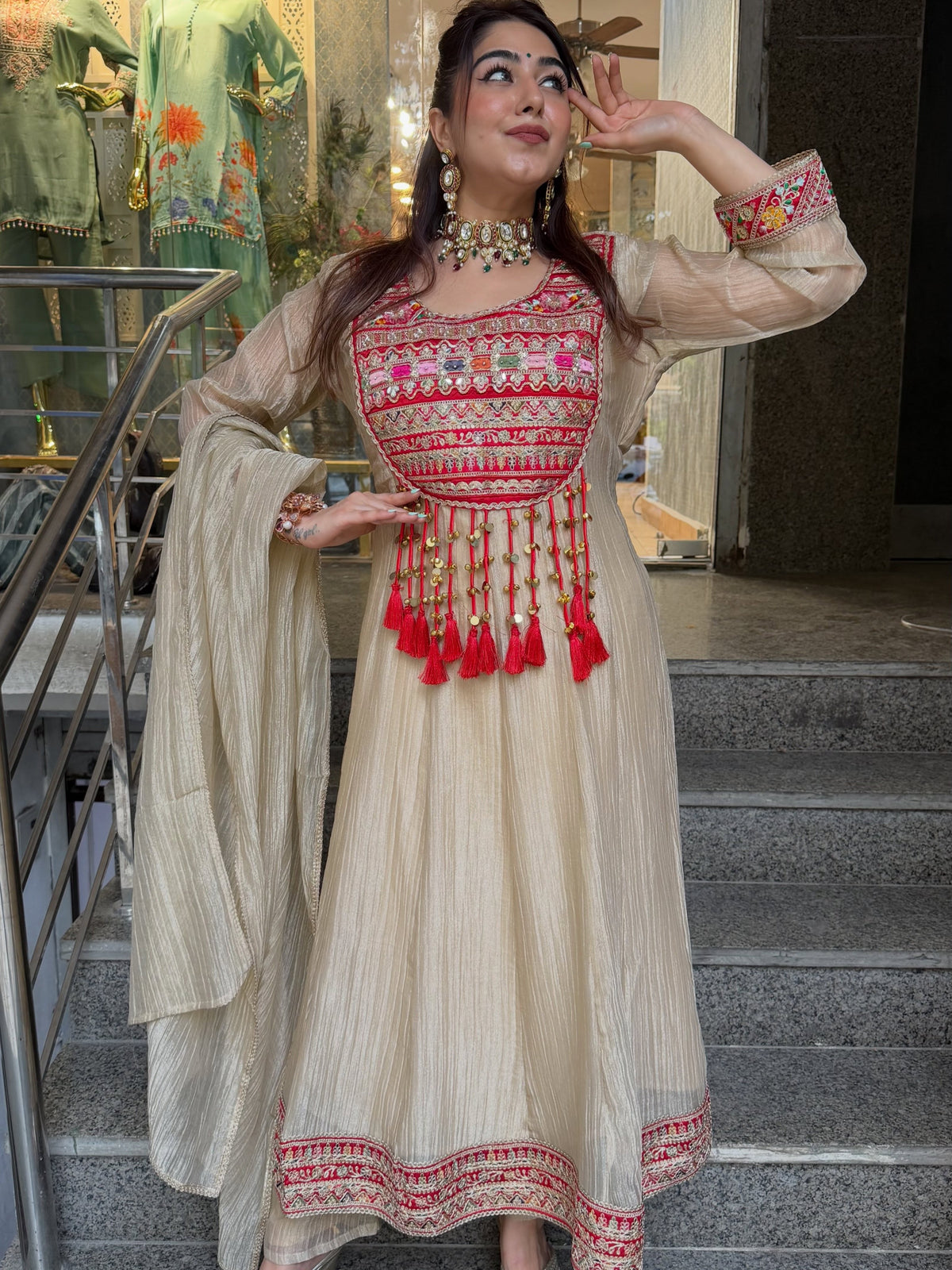Royal Creamy Anarkali Kurta Set with Matching Dupatta
