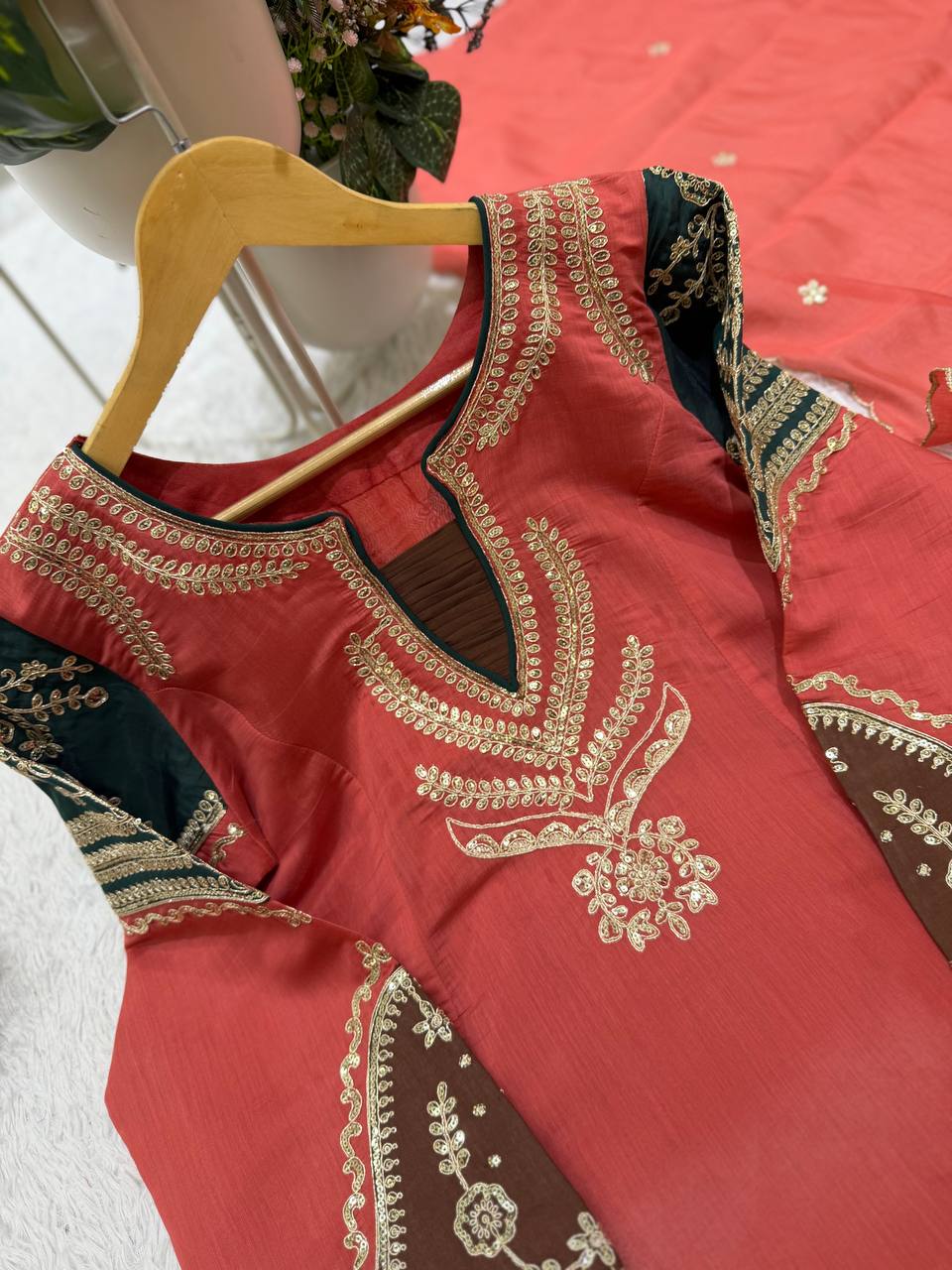 Elegant Coral Peach Chanderi Silk A-Line Kurta Pant Set with Matching Dupatta