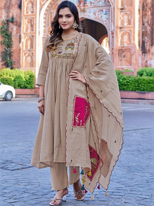 Women's Elegant Beige Chanderi Cotton Flared Kurta with Trousers & Designer Scalloped Dupatta Set