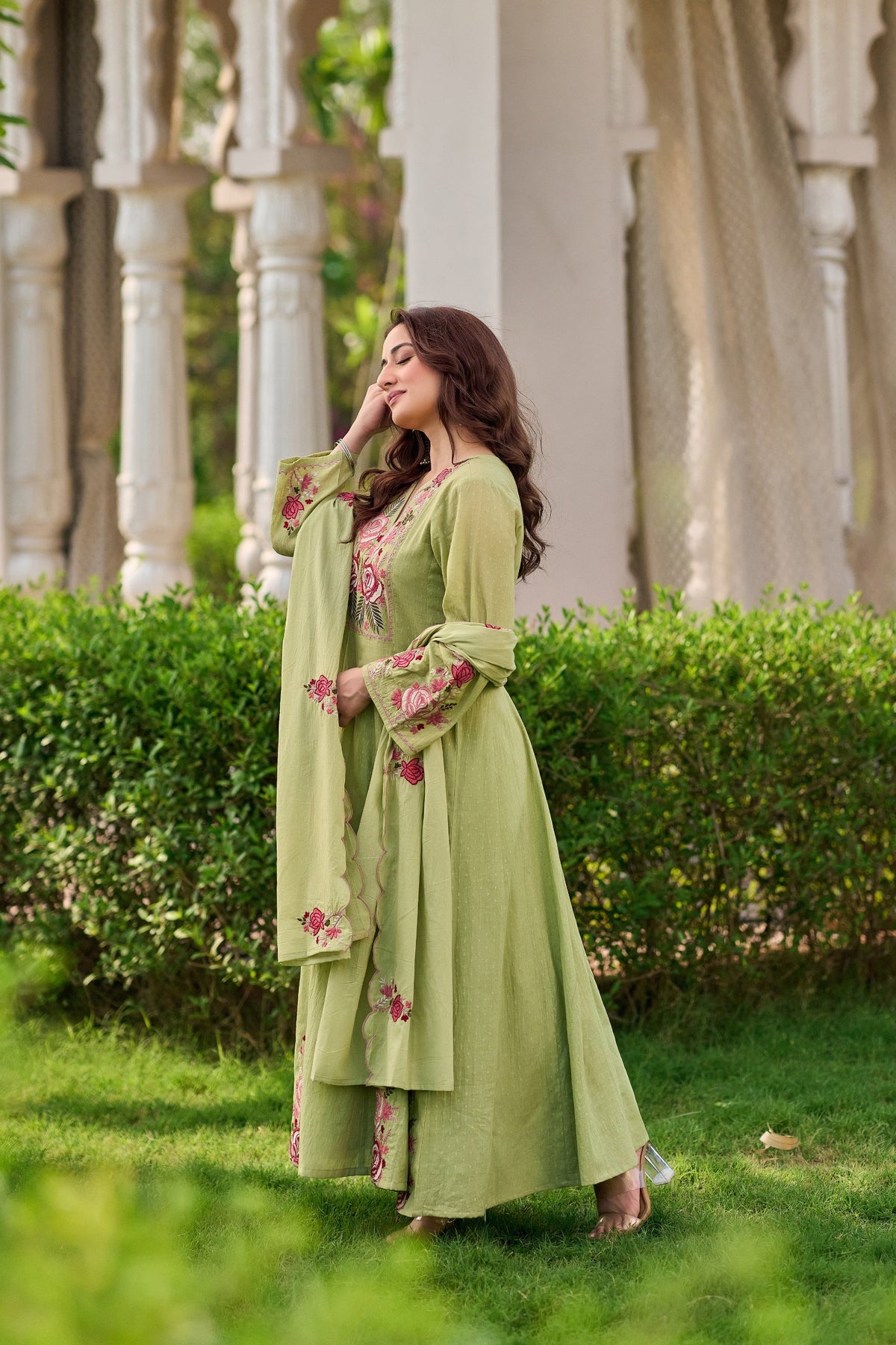 Elegant Sage Green Embroidered Anarkali Kurta Set with Dupatta (3-Piece Set)