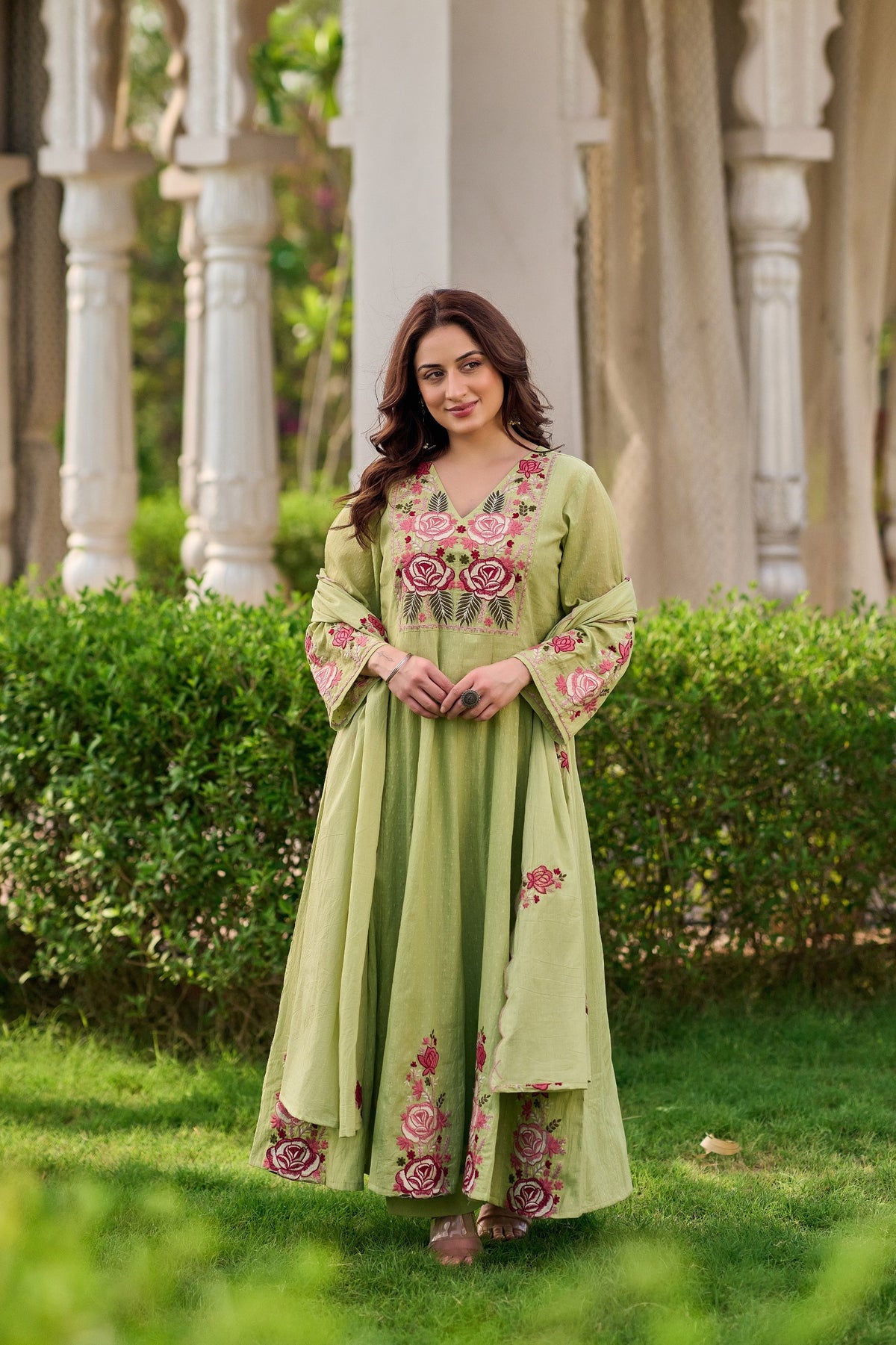 Elegant Sage Green Embroidered Anarkali Kurta Set with Dupatta (3-Piece Set)