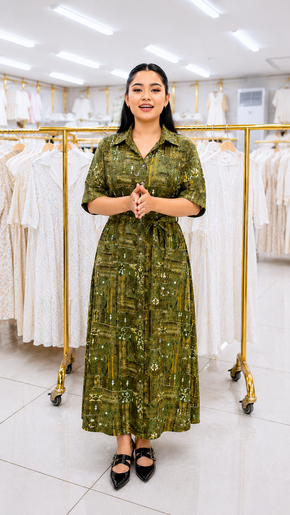 Women Printed Button-Front Maxi Dress with Matching Belt