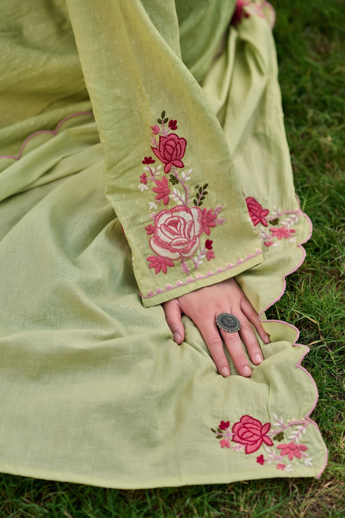 Elegant Sage Green Embroidered Anarkali Kurta Set with Dupatta (3-Piece Set)