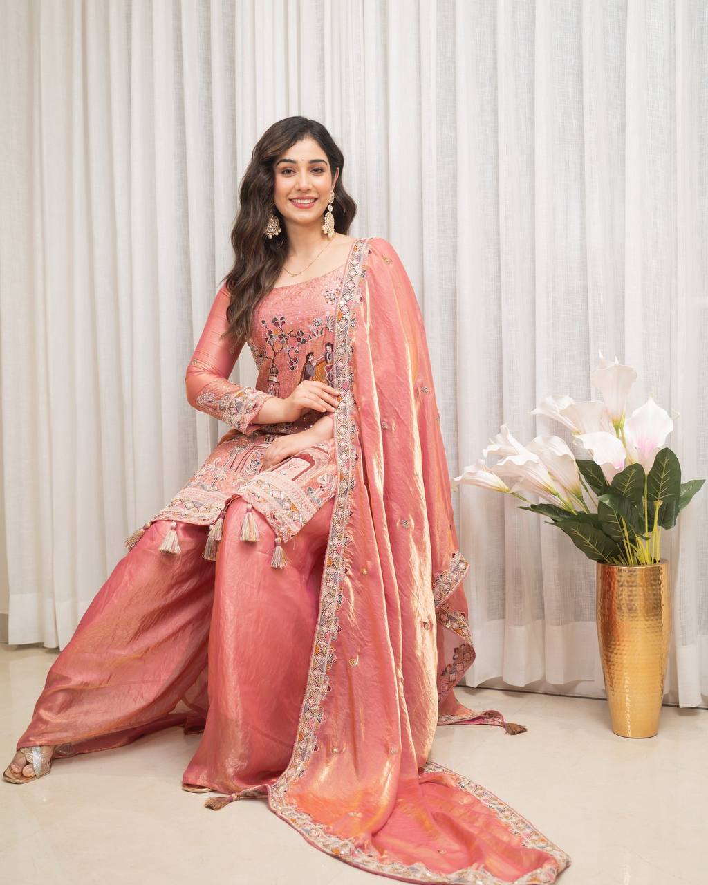 Elegant Peach-Pink & Embroidered Kurta Set with Silk Pants