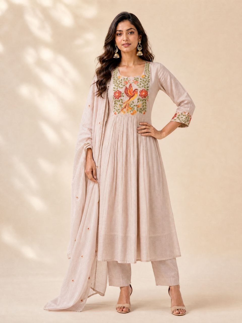 Elegant Beige Embroidered Anarkali Kurta Set with Dupatta & Pants