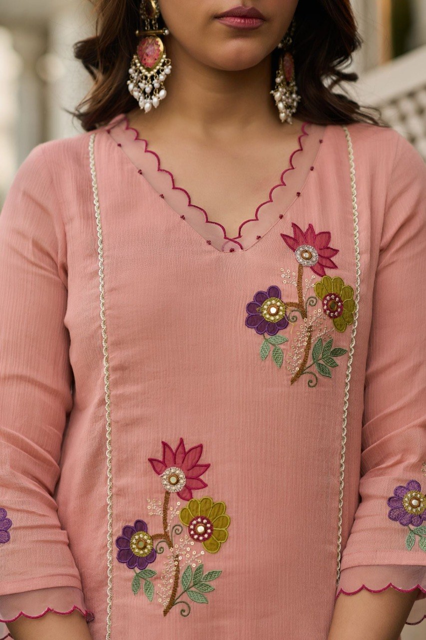 Elegant Peach Blush Floral Embroidered Kurta Set with Dupatta
