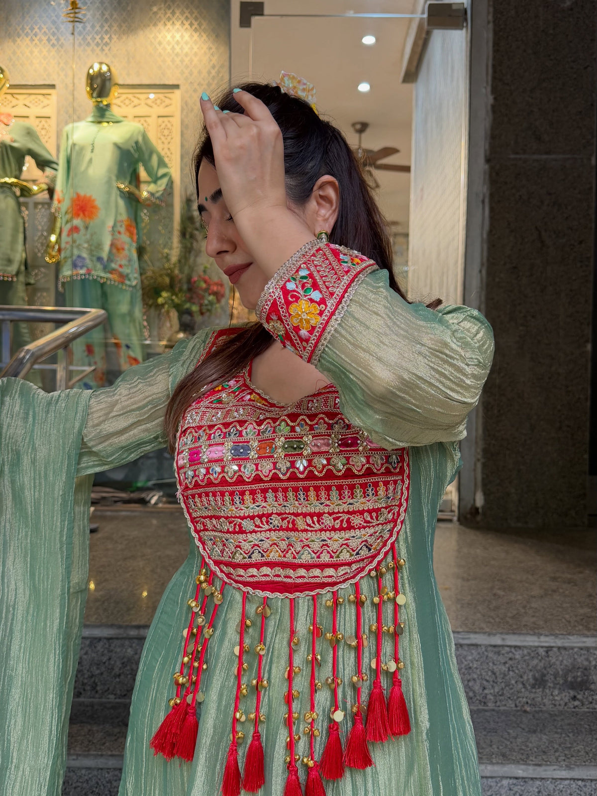 Royal Pista Green Anarkali Kurta Set with Matching Dupatta