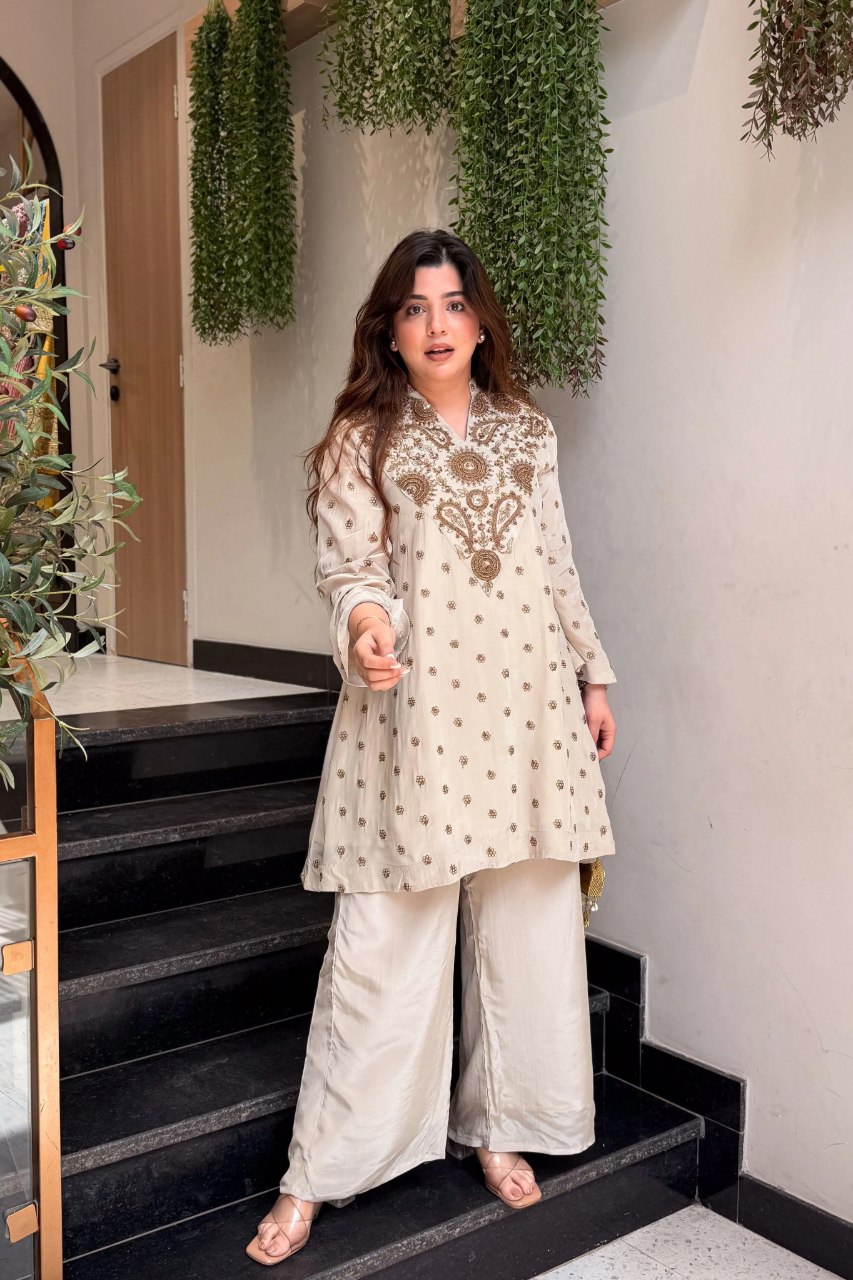 Intricate Gold Embroidered Short Kurta & Palazzo Ensemble
