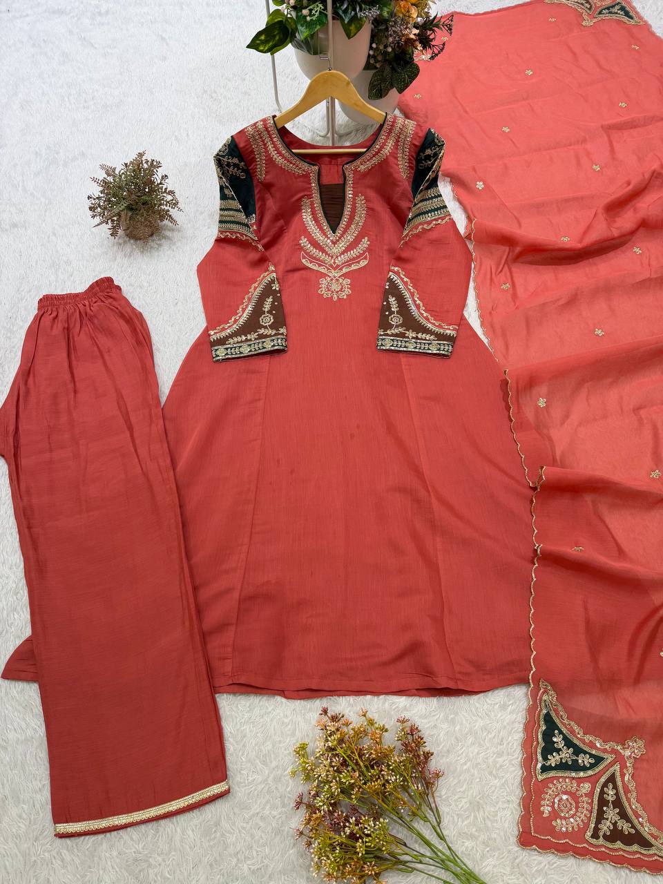 Elegant Coral Peach Chanderi Silk A-Line Kurta Pant Set with Matching Dupatta
