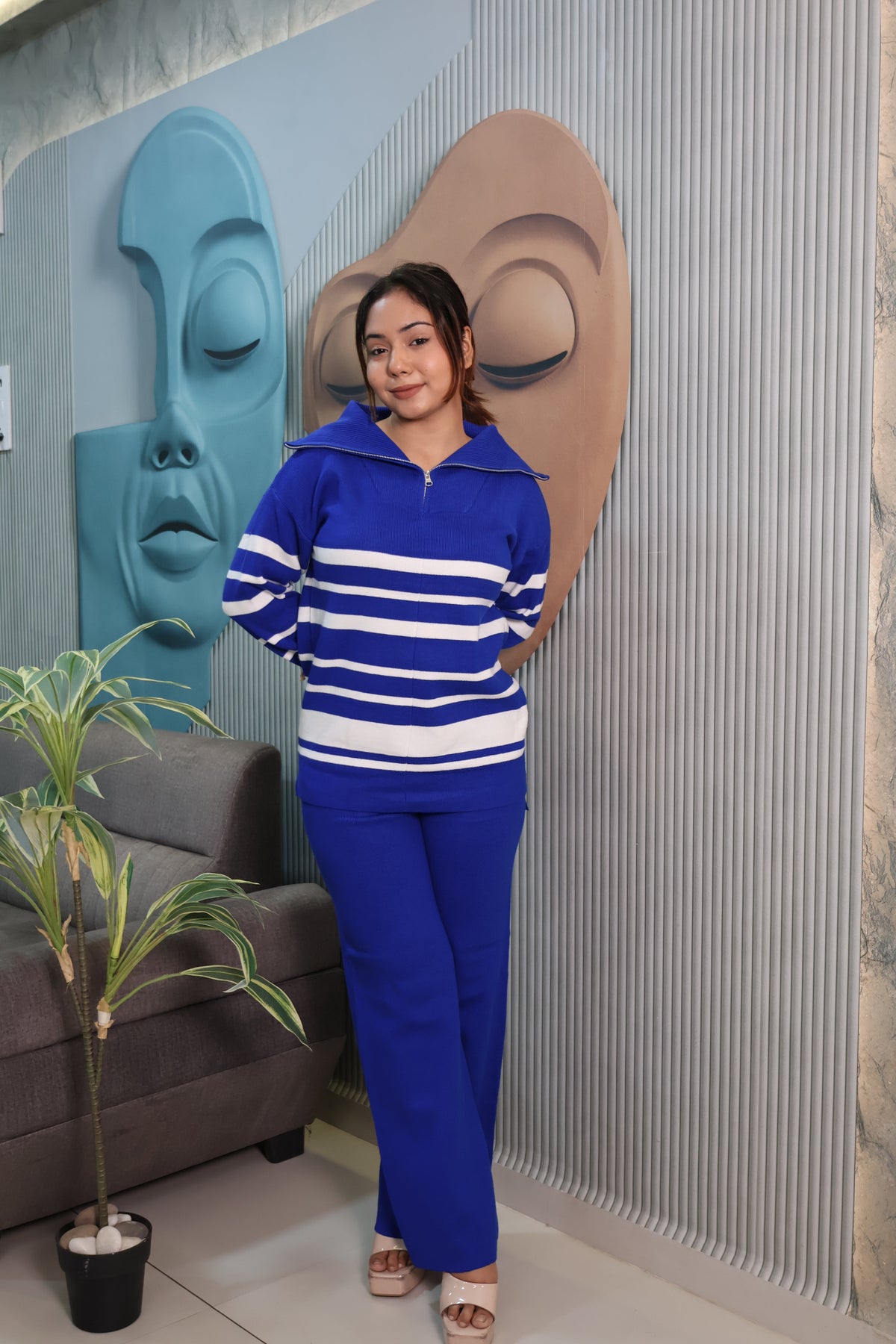 Woolen Knit Co-Ord Set with Striped High Neck Top