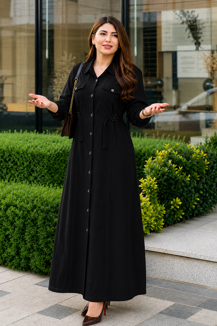 Elegant Western Maxi Dress for Women | Premium Button-Down Long Shirt Dress with Fabric Belt
