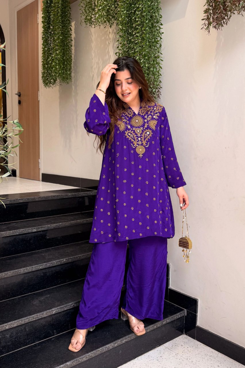 Elegant Royal Purple Embroidered Kurta Set with Wide-Leg Pants