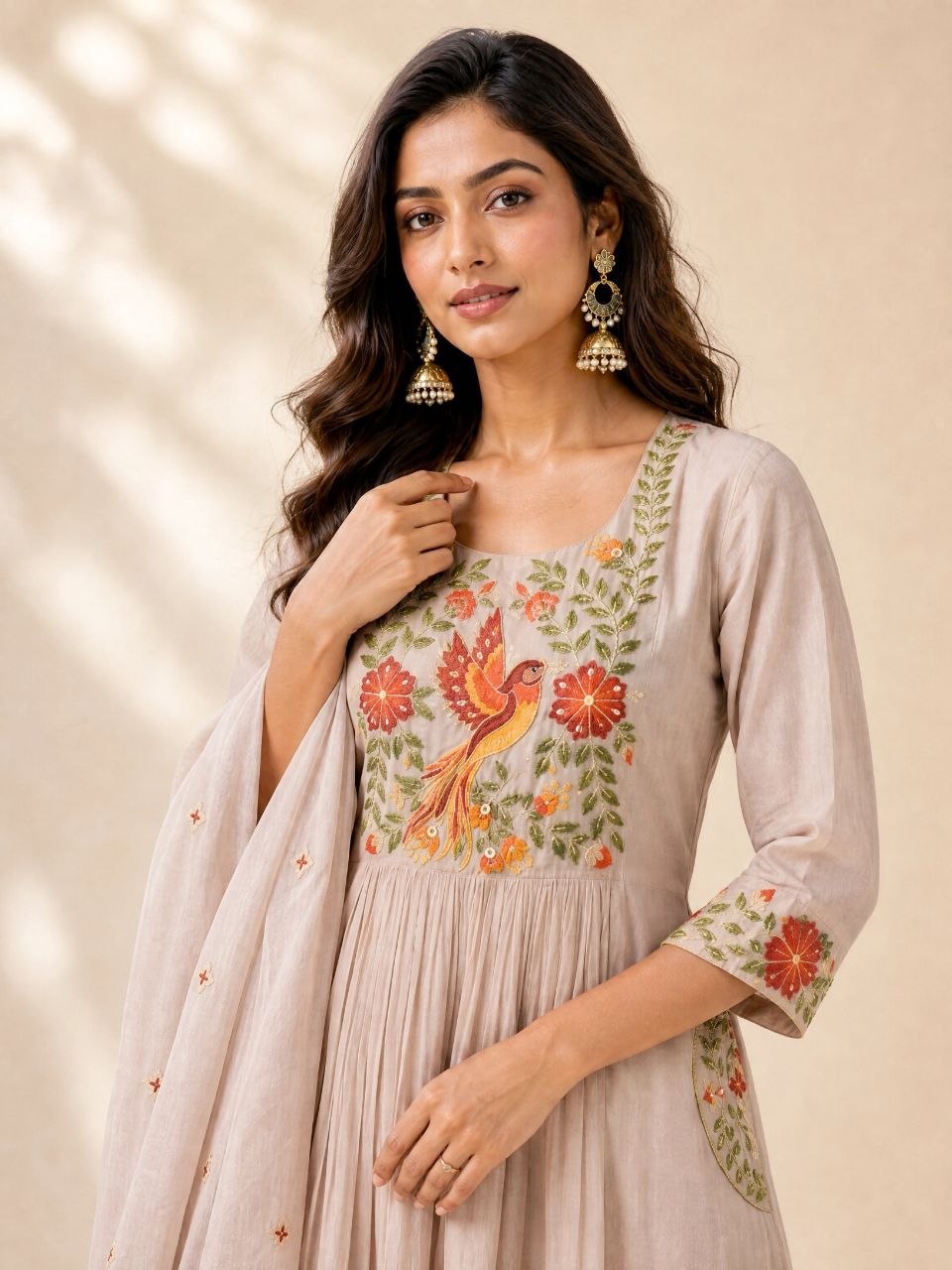 Elegant Beige Embroidered Anarkali Kurta Set with Dupatta & Pants