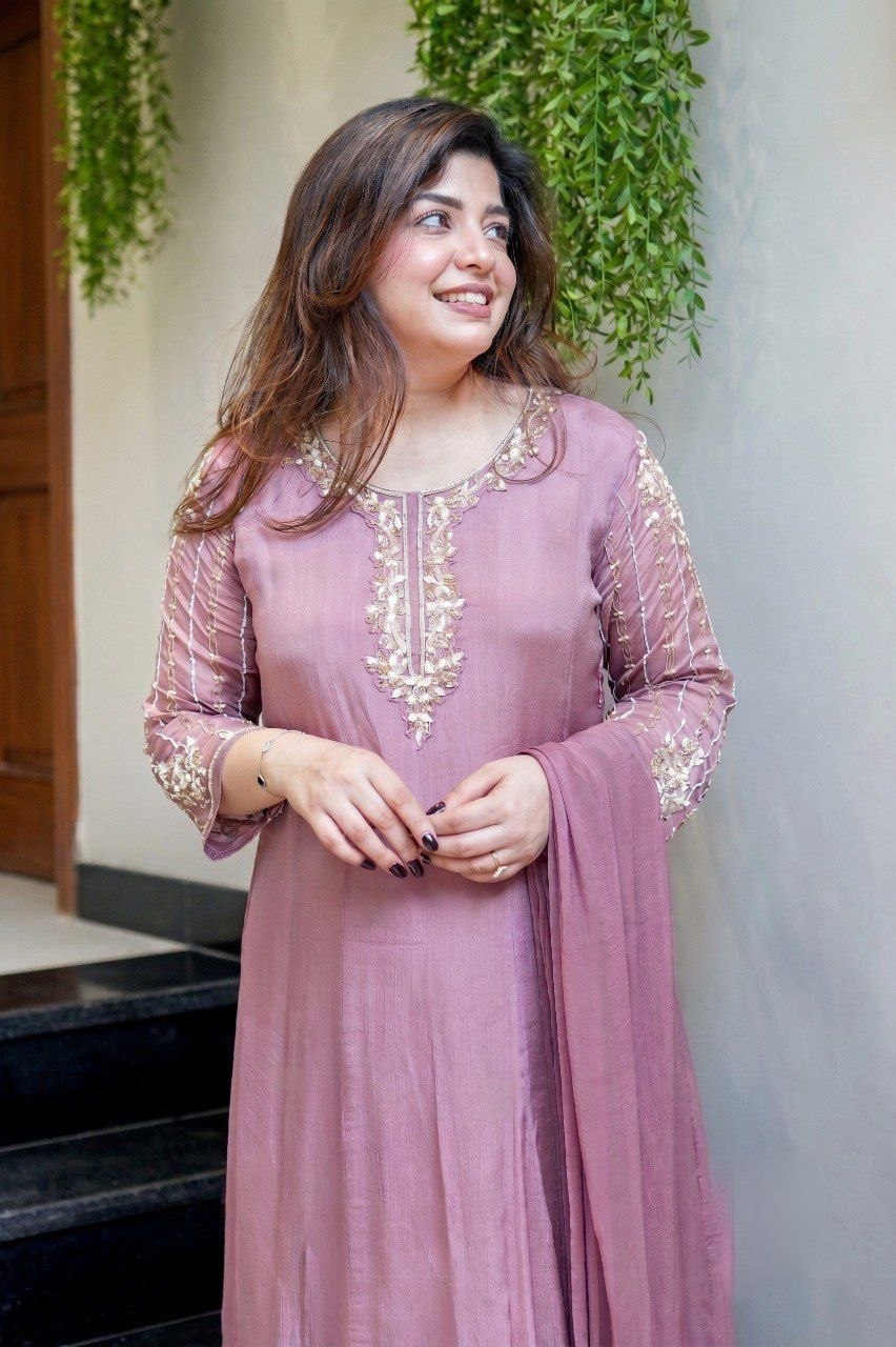 Elegant Mauve Flared Anarkali Kurta Set with Handcrafted Embroidery & Dupatta